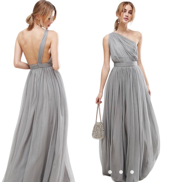 ASOS Dresses & Skirts - New! ASOS Premium Tulle One Strap Dress Maxi Formal Grey Silver size 8 Med 8889
